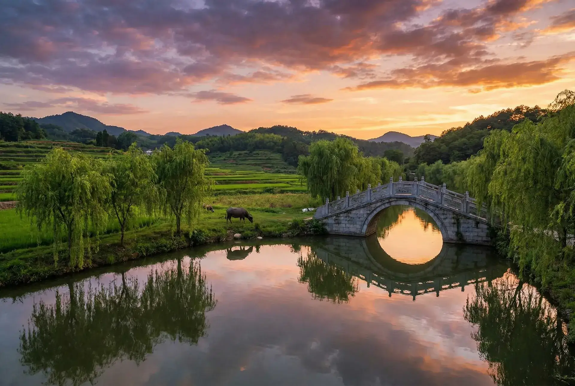 夕阳下的石拱桥与垂柳，水牛在河边吃草 - 两个人看的WWW视频高清观看 乡村美景